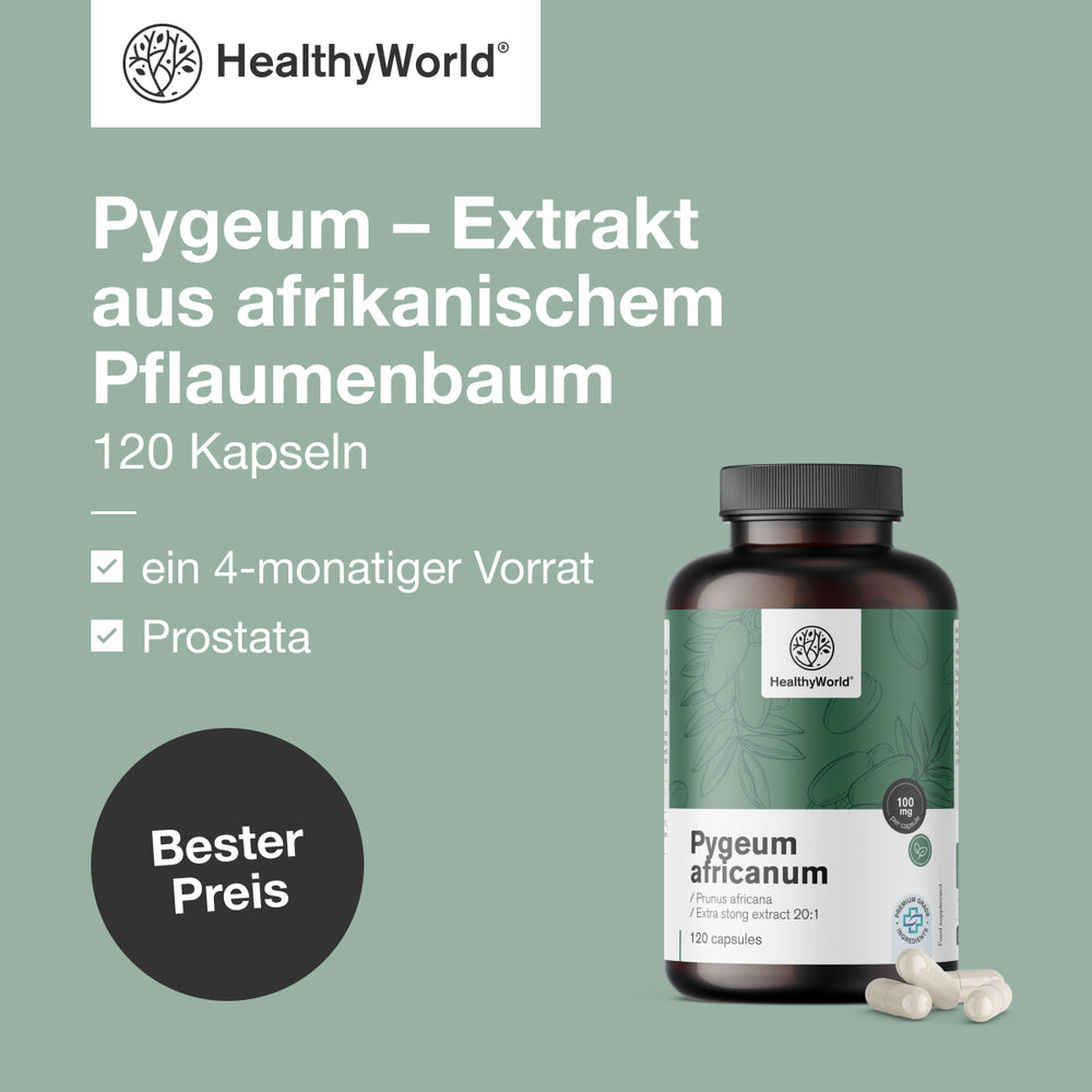 HealthyWorld Pygeum · Extrakt aus afrikanischem Pflaumenbaum · 120 Kapseln – Bild 2