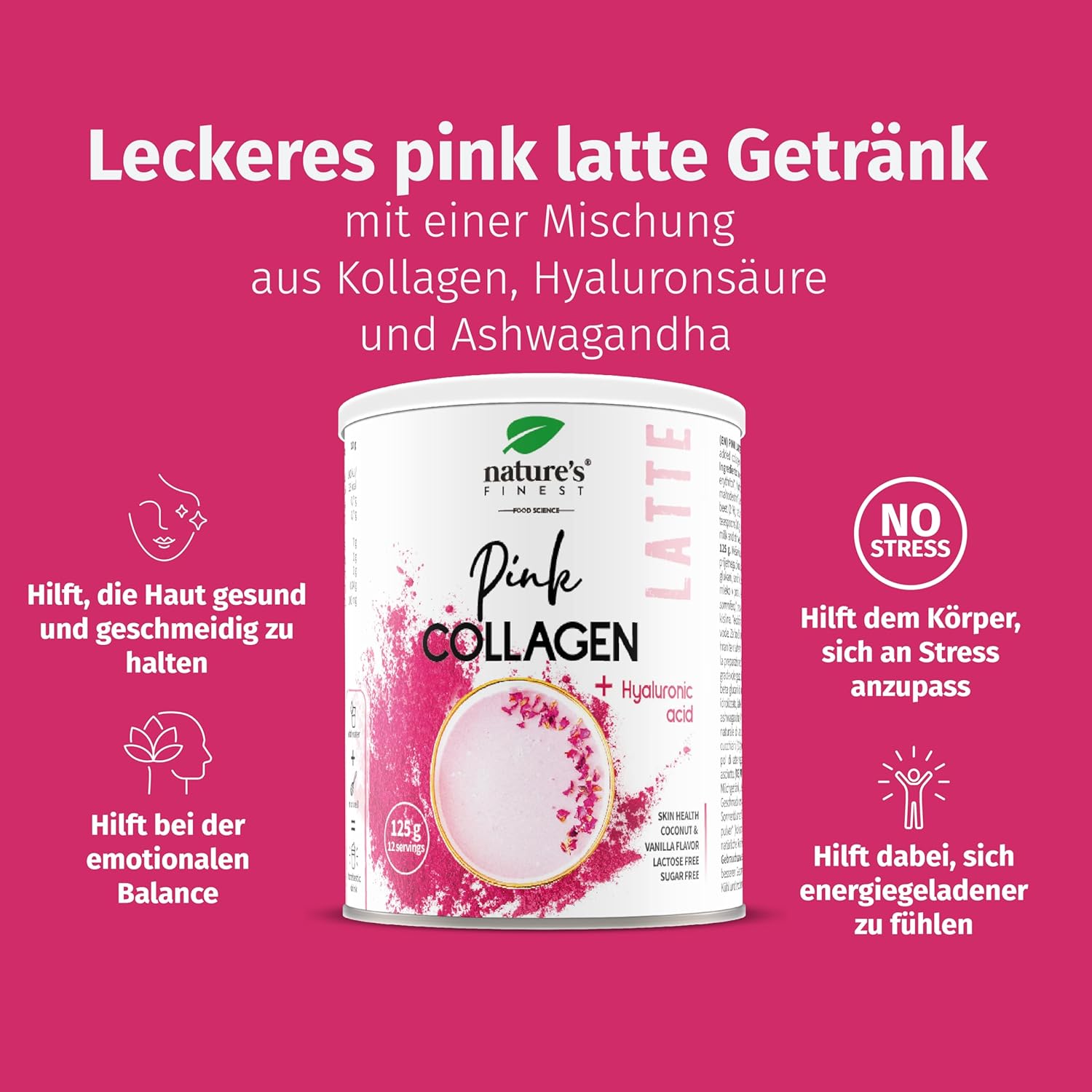 Nature's Finest I PINK LATTE Kollagen mit Hyaluronsäure und Ashwagandha