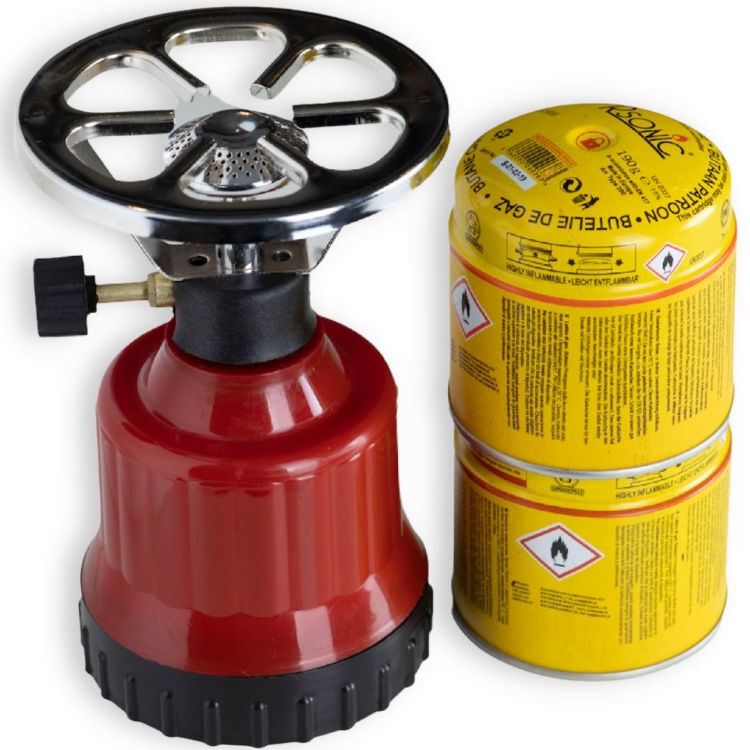 Camping Kocher Set I inkl. 2 Stechkartuschen I Robuster Gaskocher für Zuhause und Unterwegs