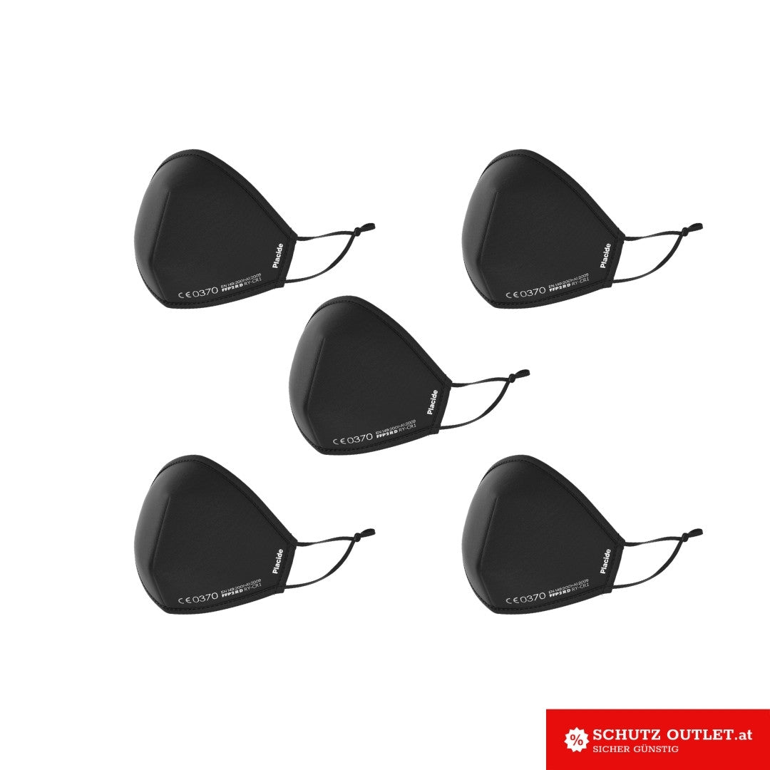 Wwaschbare Nano Maske in der Farbe Schwarz. Verstellbare Ohrenbänder, Individuell anpassbar. Fünfer Set Einzeln verpackte waschbare Nano FFP2.