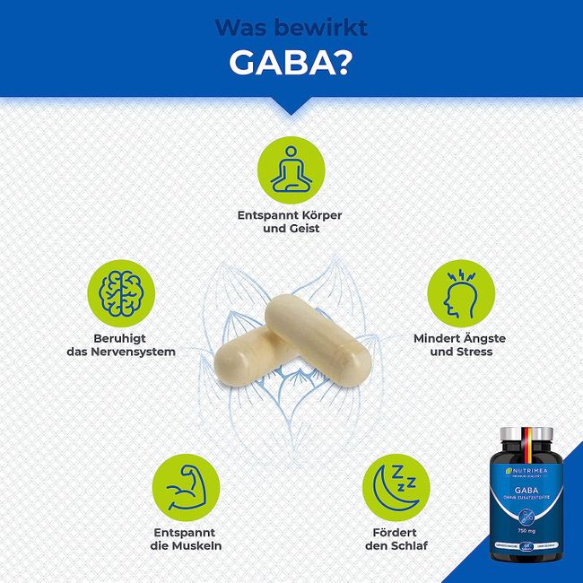 Nutrimea GABA Pur 750mg | Reine Pulver Kapseln Hochdosiert | OHNE Zusätze & Vegan