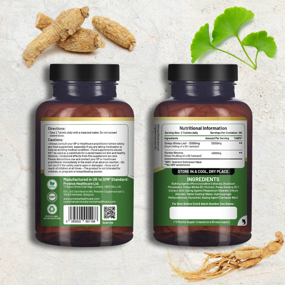 Prowise Healthcare | Ginkgo Biloba und Koreanische Ginseng 16.000 mg - 180 vegane Tabletten