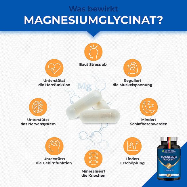 Nutrimea Magnesium Glycinat + Vitamin B6 | Optimale Bioverfügbarkeit | 1,5 Monatsvorrat