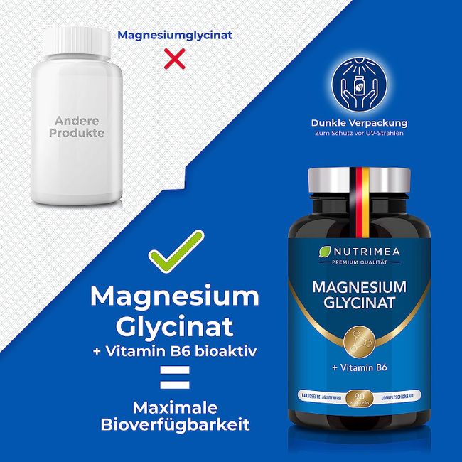 Nutrimea Magnesium Glycinat + Vitamin B6 | Optimale Bioverfügbarkeit | 1,5 Monatsvorrat