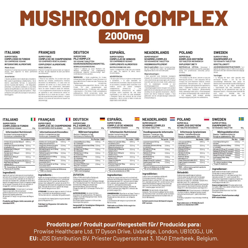 Prowise Healthcare | Advanced Mushroom Complex mit 6 Pilze - 120 vegane Tabletten