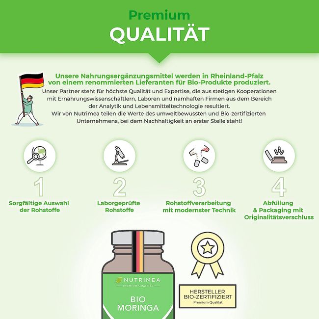 MORINGA Oleifera Kapseln | BIO Zertifiziert OHNE Zusätze | In Deutschland hergestellt | Energy Tabs im 4 Monatsvorrat | SUPERFOOD 100% VEGAN