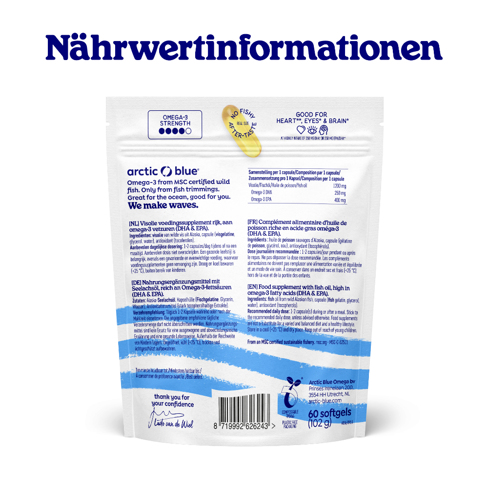 Arctic Blue | Omega3 DHA- und EPA-Fischöl - MSC (60 große Kapseln)