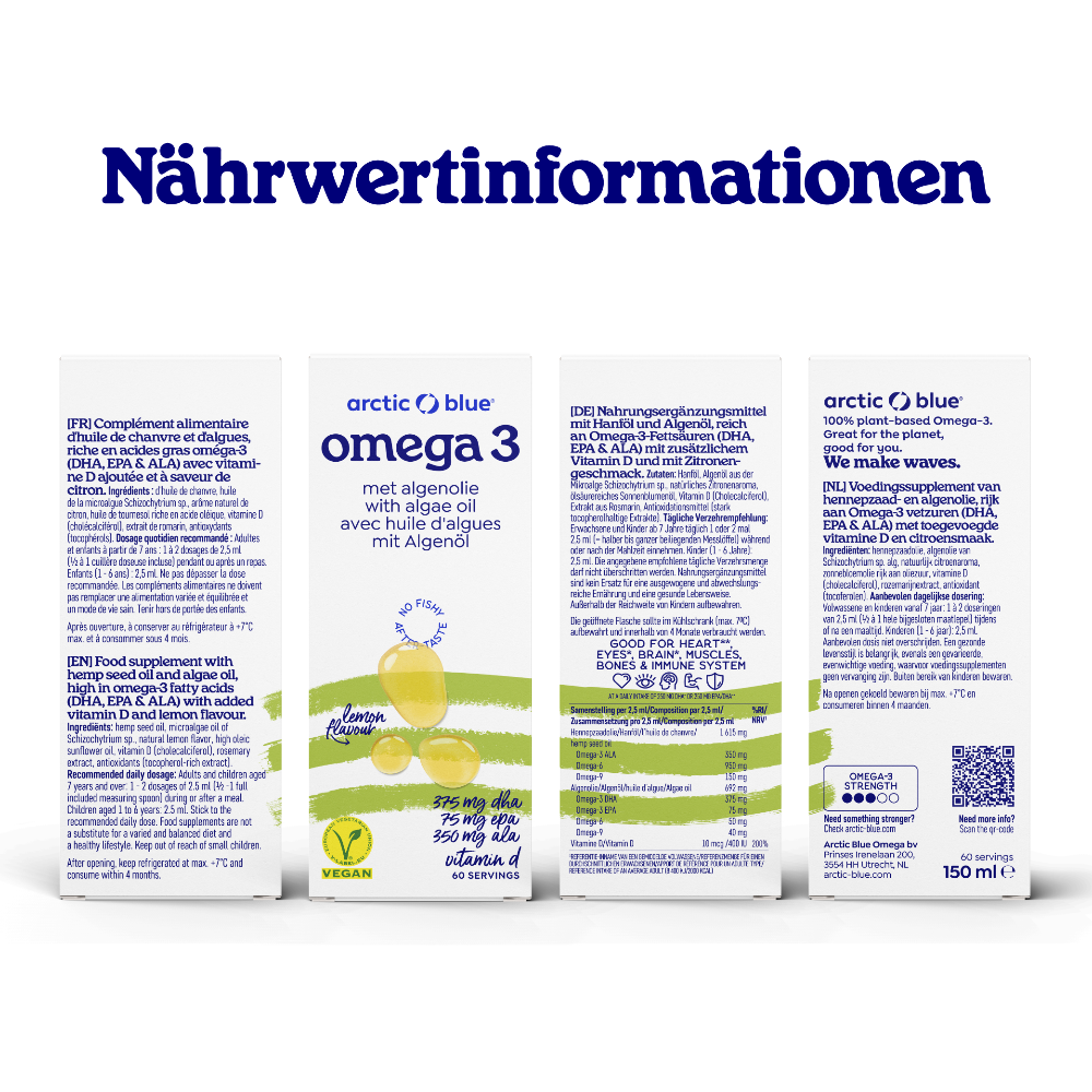 Arctic Blue | Omega 3 Algenöl DHA + EPA und Hanfsamenöl ALA mit Vitamin D3