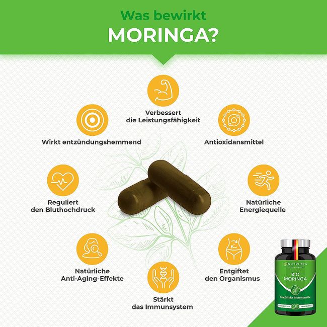 MORINGA Oleifera Kapseln | BIO Zertifiziert OHNE Zusätze | In Deutschland hergestellt | Energy Tabs im 4 Monatsvorrat | SUPERFOOD 100% VEGAN