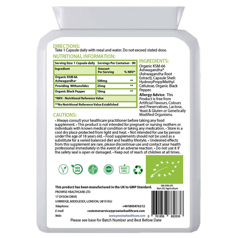 Prowise Healthcare | KSM-66 Ashwagandha mit Bio-Schwarzem Pfeffer 500 mg - 90 Kapseln