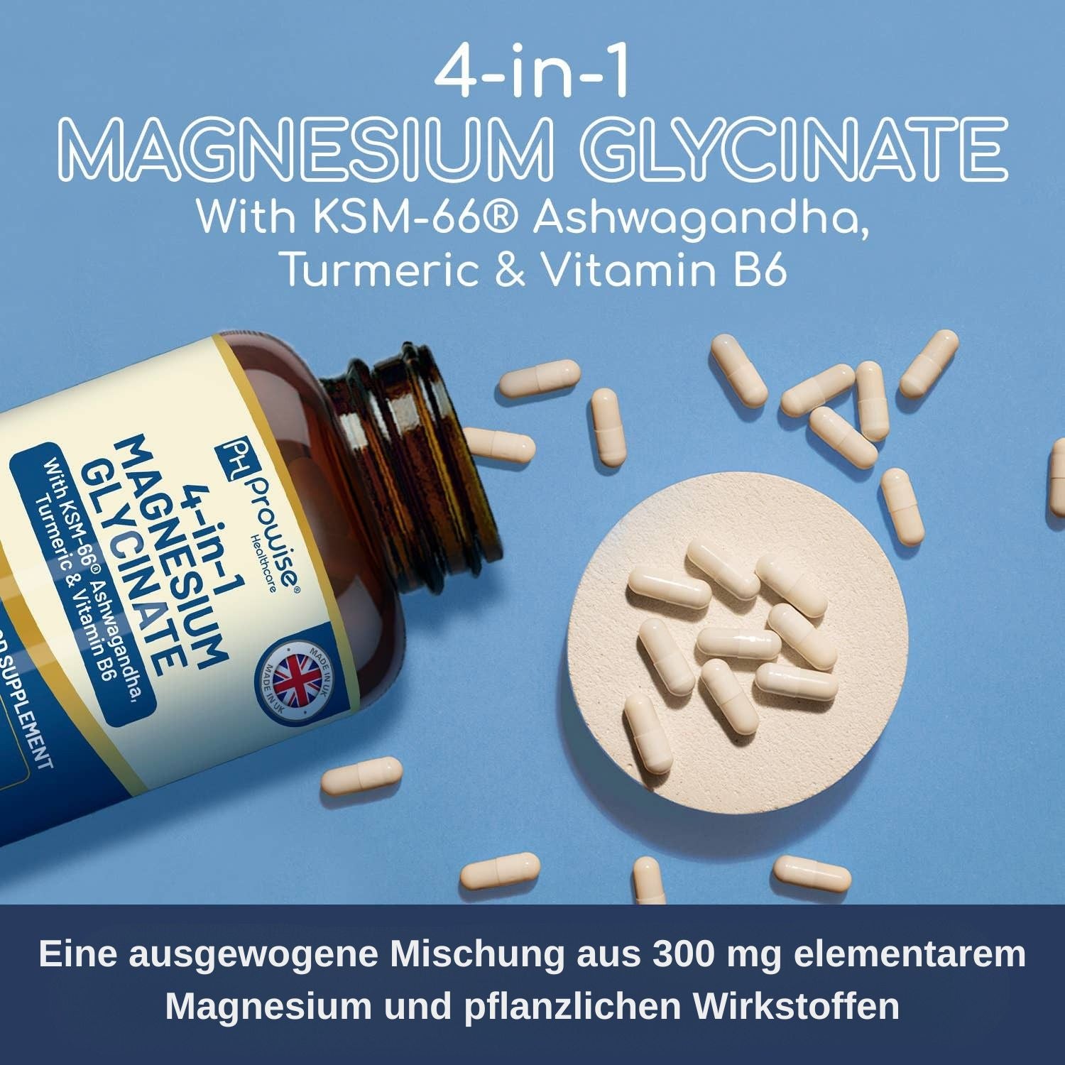 Prowise Healthcare | 4-IN-1 Magnesiumglycinat mit Ashwagandha, Kurkuma & Vitamin B6 - 90 vegane Kapseln