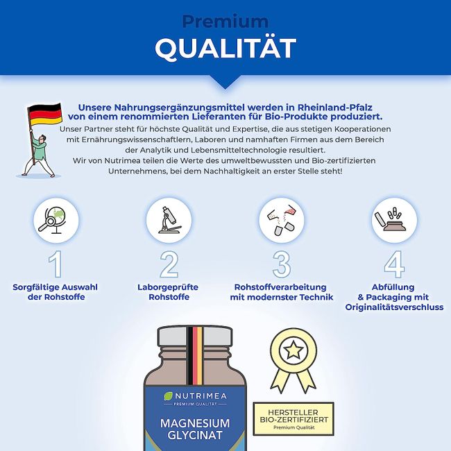 Nutrimea Magnesium Glycinat + Vitamin B6 | Optimale Bioverfügbarkeit | 1,5 Monatsvorrat