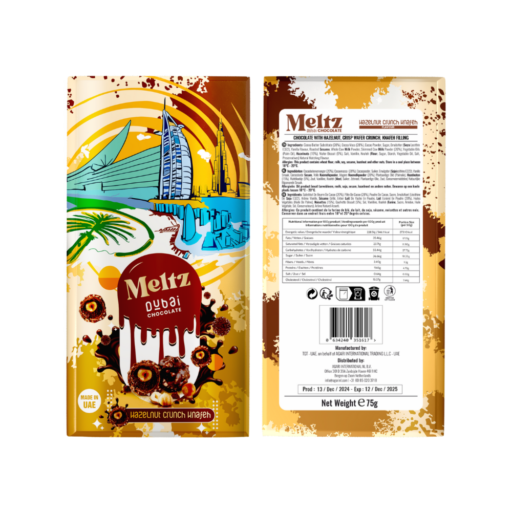 Meltz Dubai Schokolade – Haselnuss-Crunch mit Knafeh-Füllung (75 g)