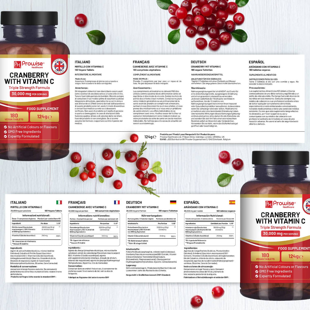 Prowise Healthcare | Cranberry mit Vitamin C 30.000 mg - 180 Tabletten