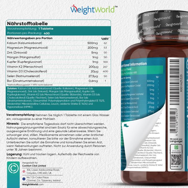 WeightWorld | Kalzium Magnesium Zink - 400 vegane Tabletten