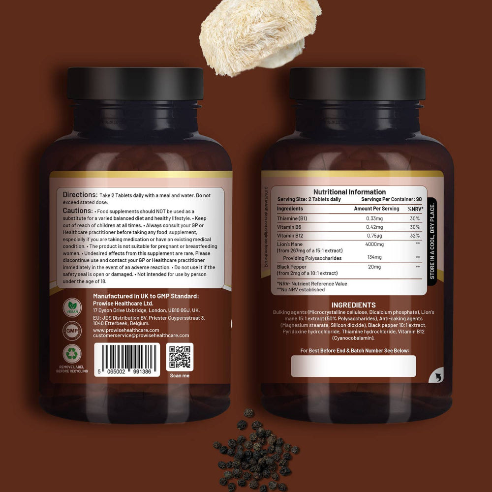 Prowise Healthcare | Löwenmähnen-Pilzpräparat 4000 mg mit Vitamin B1 - 180 Tabletten