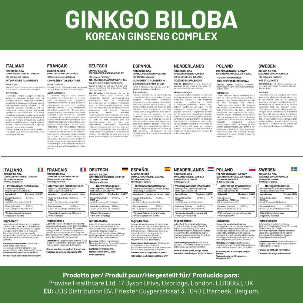 Prowise Healthcare | Ginkgo Biloba und Koreanische Ginseng 16.000 mg - 180 vegane Tabletten