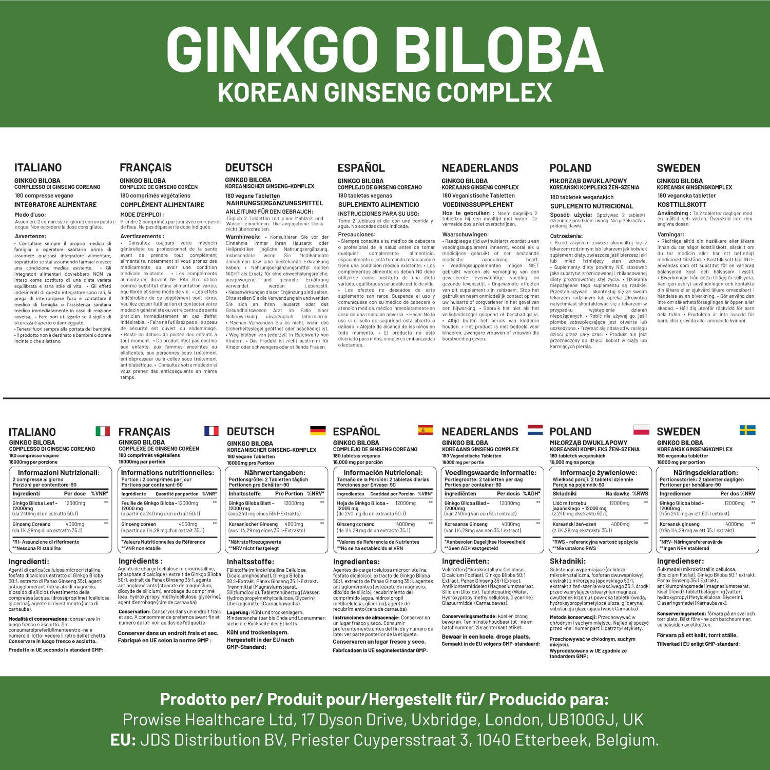 Prowise Healthcare | Ginkgo Biloba und Koreanische Ginseng 16.000 mg - 180 vegane Tabletten