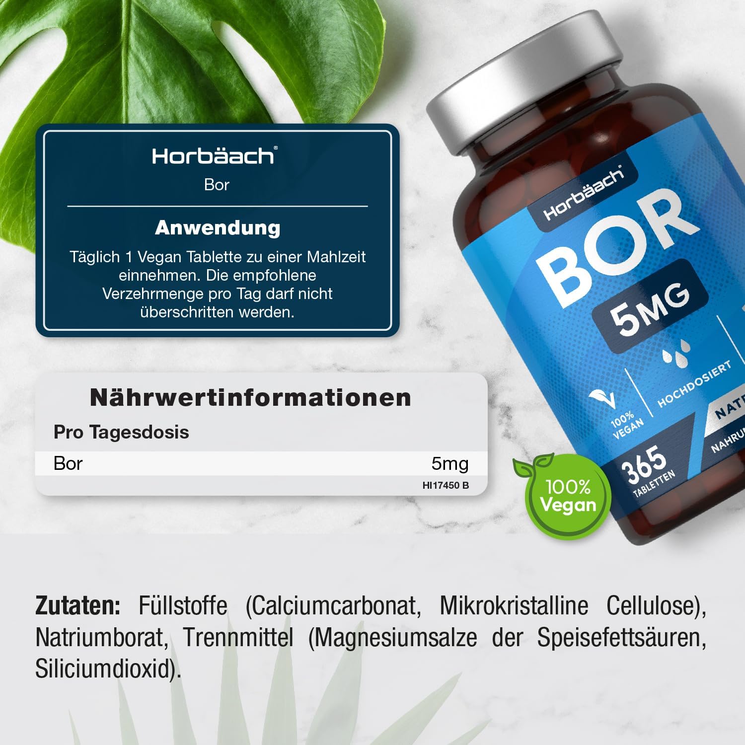 Horbäach | Boron 5mg - 1 Jahr Vorrat - 365 Vegane Tabletten - Hochdosiert