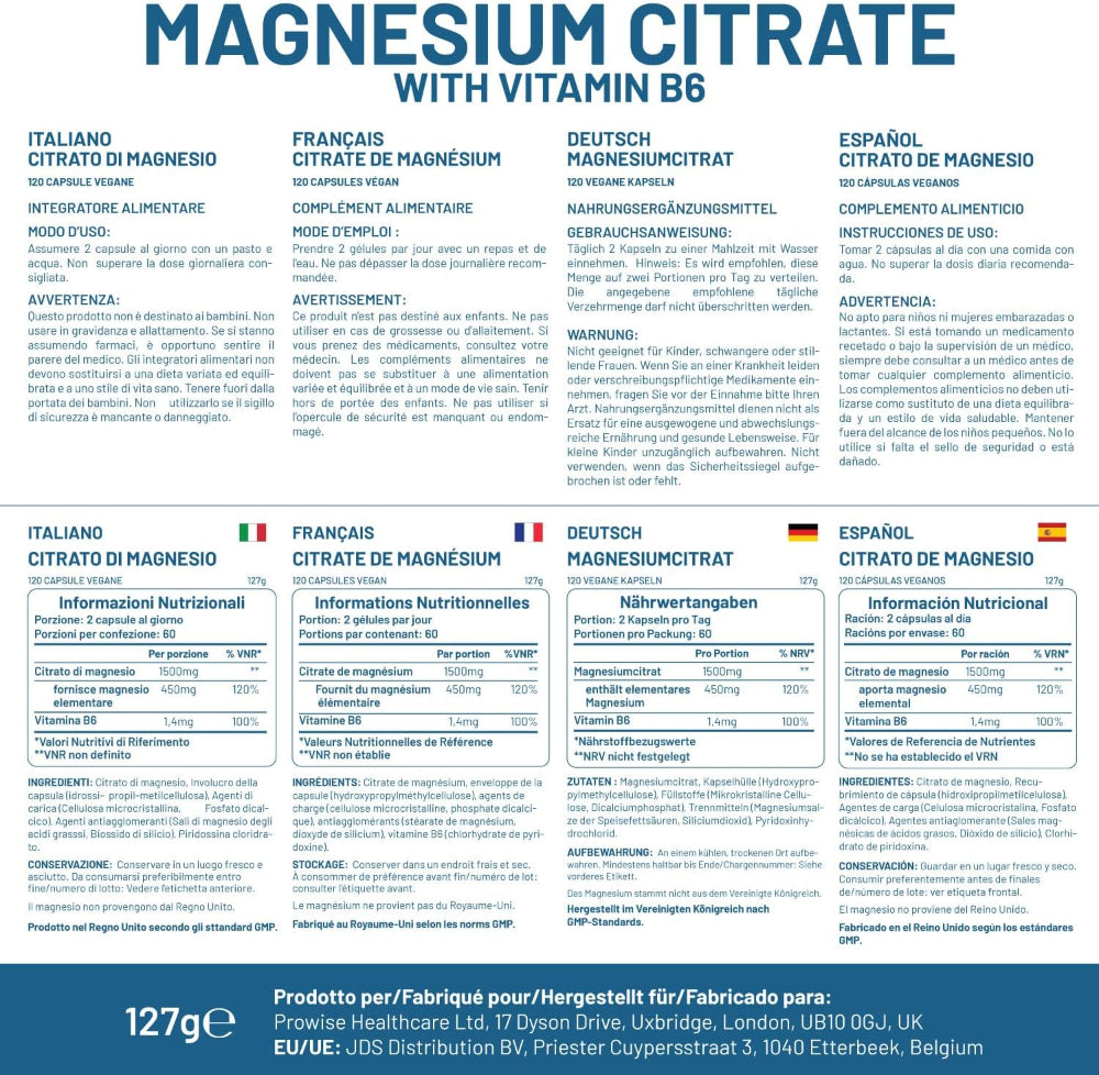Prowise Healthcare | Magnesiumcitrat 1500 mg mit Vitamin B6 - 120 Kapseln