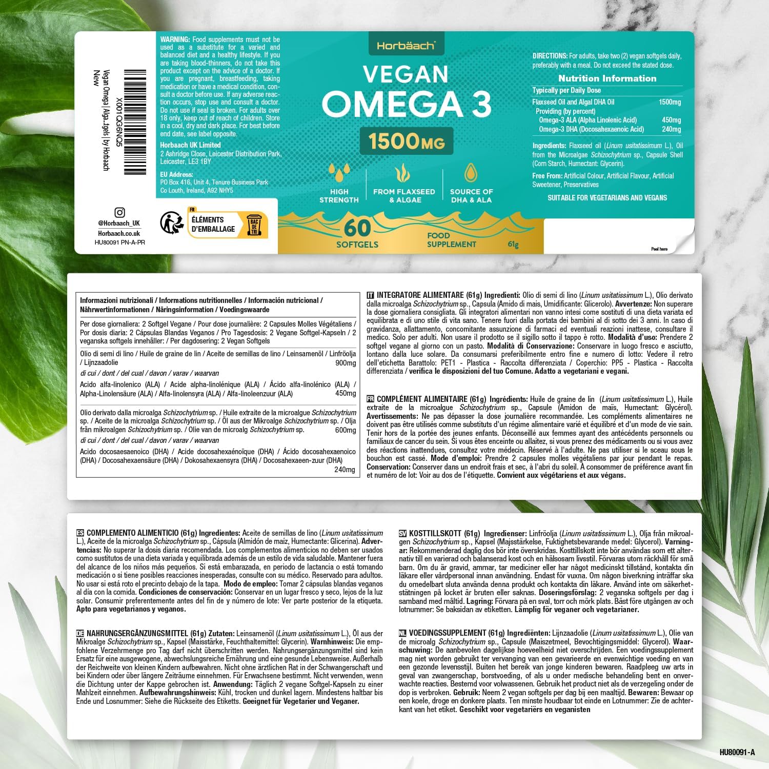 Horbaach | Omega 3 Vegan 1500mg aus Algenöl | 60 Kapseln mit Hochdosiert ALA und DHA pro Portion