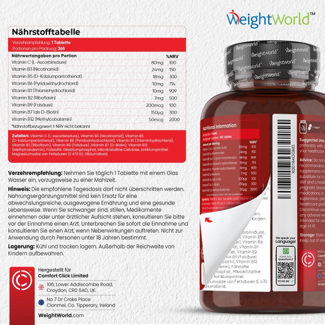 WeightWorld | Vitamin B Komplex - Mit Vitamin C - 365 Tabletten