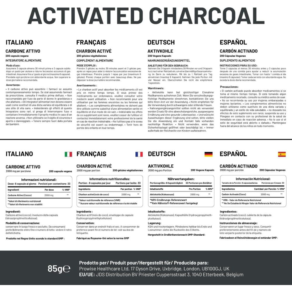 Prowise Healthcare | Aktivkohle-Kapseln 2000 mg - 200 vegane Kapseln