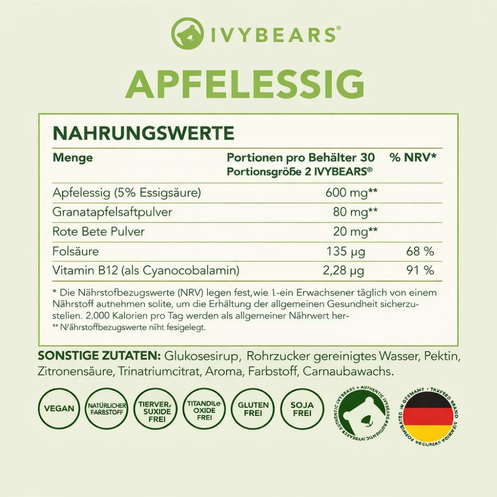 IvyBears | Apple Cider Vinegar mit Folsäure & Vitamin B12 - 60 Gummibärchen