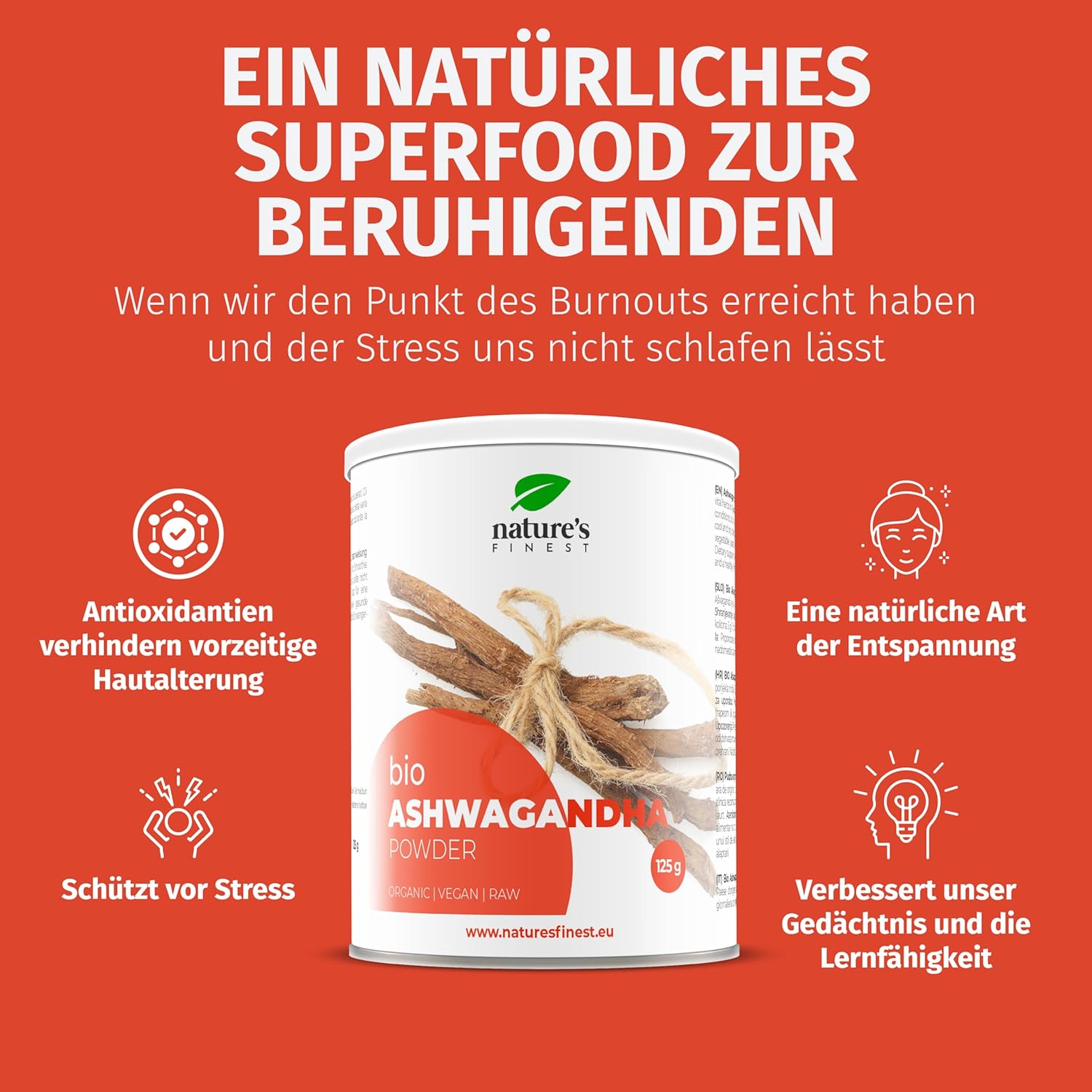 Nature's Finest I Ashwagandha-Pulver Bio für Entspannung, Stressschutz & Energie
