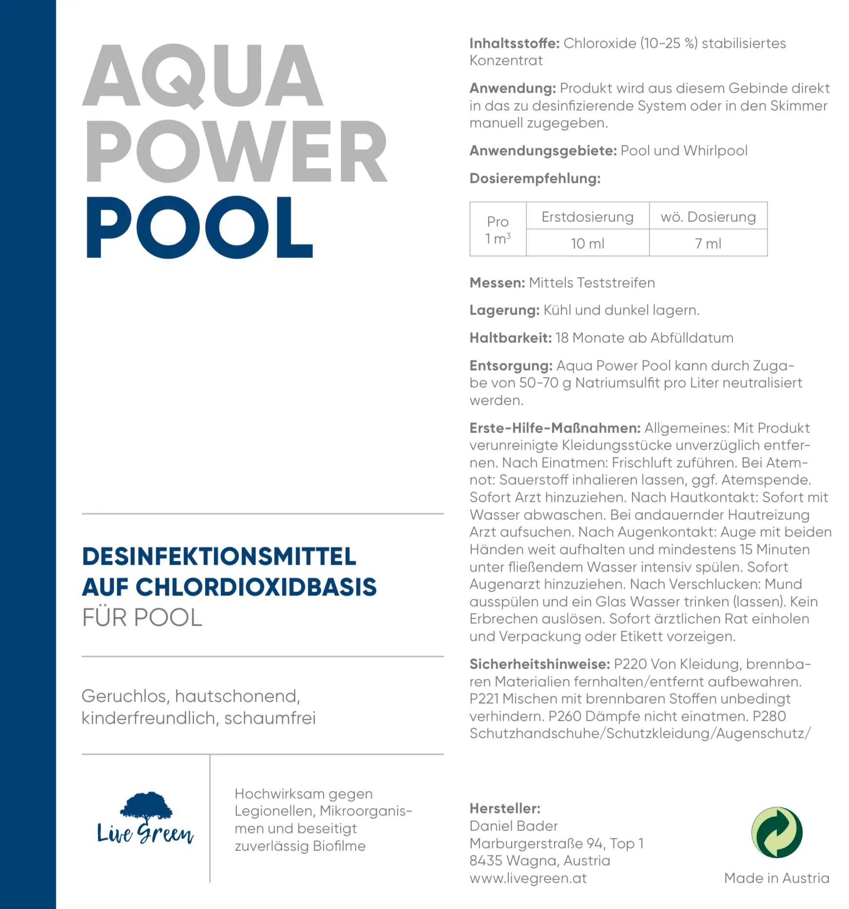 AQUA POWER I POOL DESINFEKTION auf Chlordioxidbasis I 1000 ml