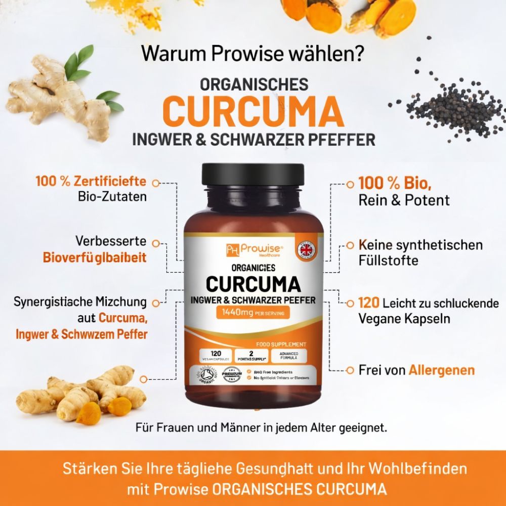Prowise Healthcare | Kurkuma 1440 mg mit Schwarzem Pfeffer und Ingwer - 120 vegane Kapseln