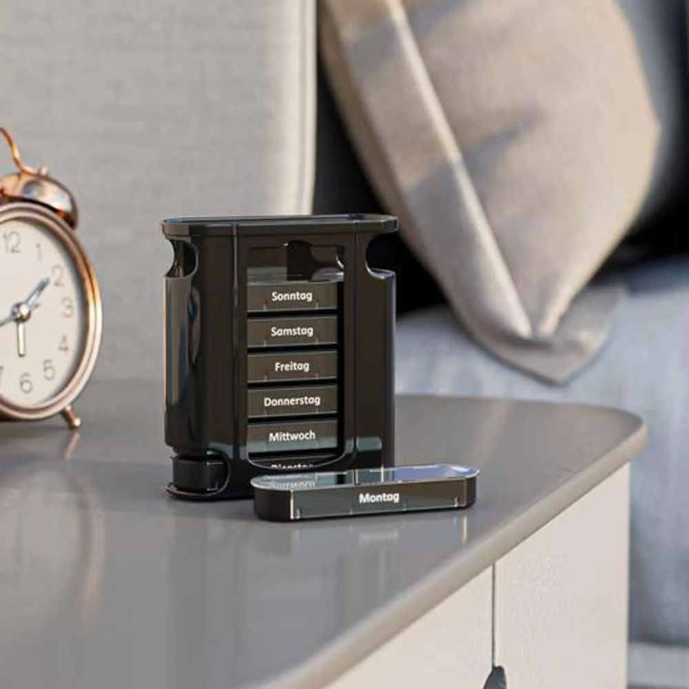 Cepewa | Deluxe Tablettenbox für 7 Tage – 4 Fächer pro Tag (morgens, mittags, abends, nachts) BLACK EDITION