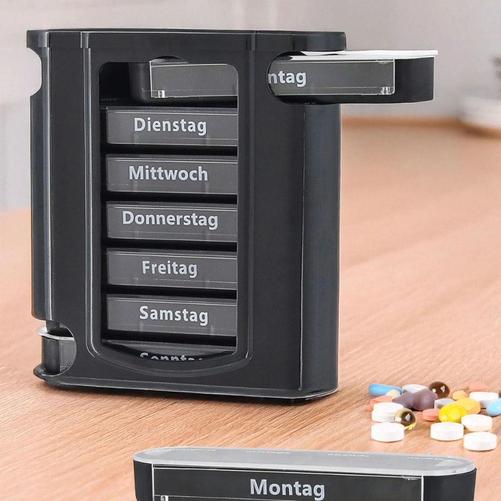 Cepewa | Deluxe Tablettenbox für 7 Tage – 4 Fächer pro Tag (morgens, mittags, abends, nachts) BLACK EDITION
