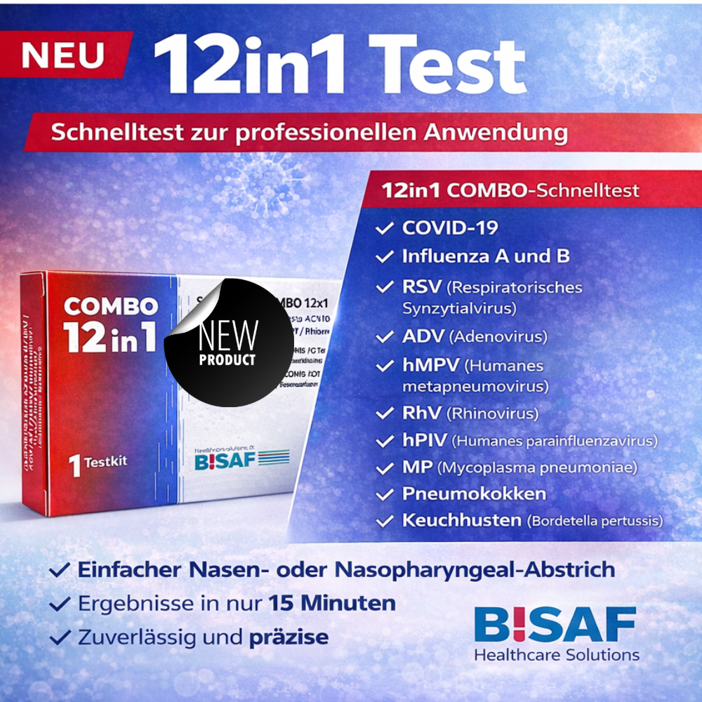 BISAF | 12in1 Test COVID‑19, Influenza, RSV, ADV, hMPV, RhV, hPIV, MP, LP, Pneumokokken, KeuchhustenGratis Nanovio FFP2