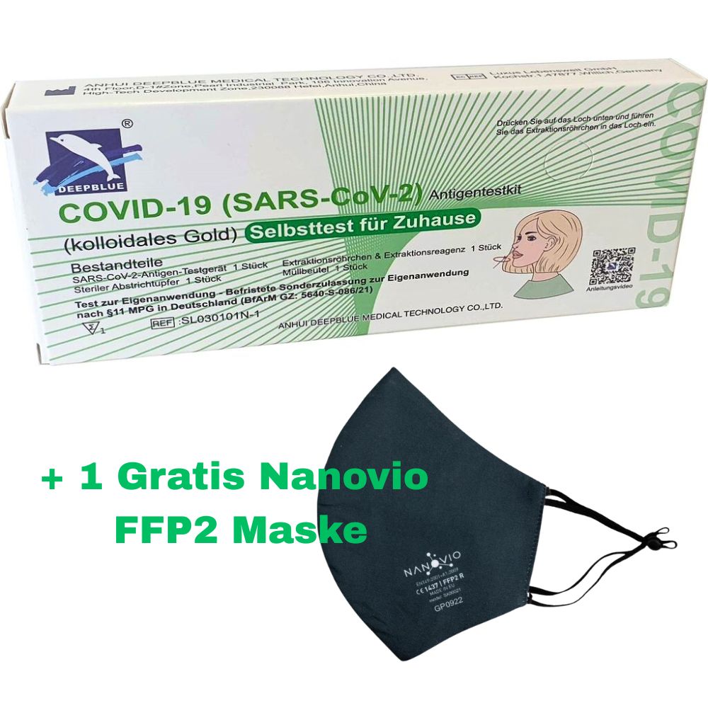 Deepblue Covid-19 SARS-CoV-2 (kolloidales Gold) Selbsttest Nasal - 1er Pack + Gratis Nanovio FFP2 Maske