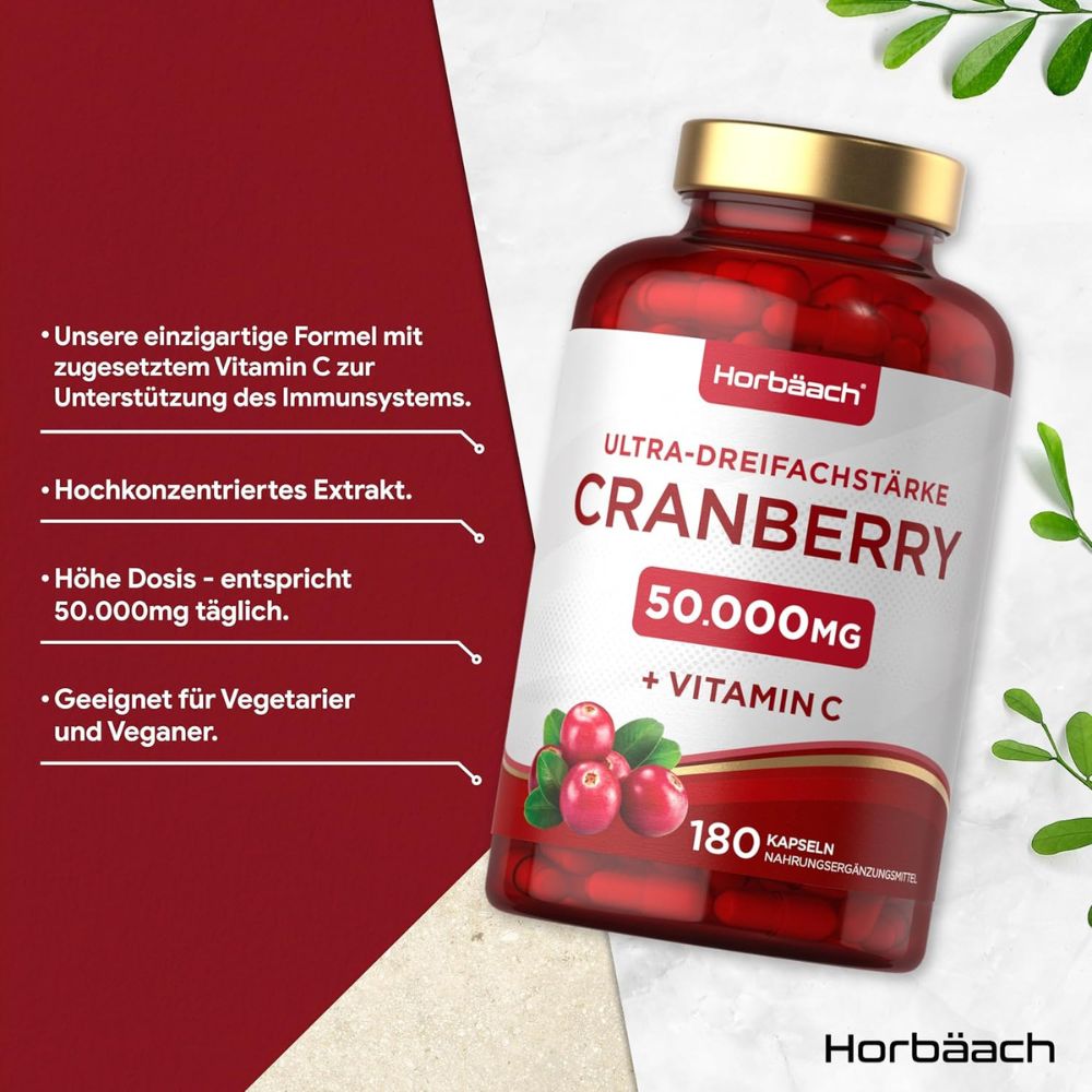Horbaach | Cranberry Hochdosiert 50000mg mit 200mg Vitamin C - 180 Kapseln