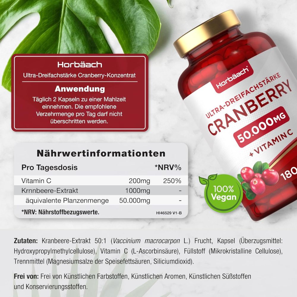 Horbaach | Cranberry Hochdosiert 50000mg mit 200mg Vitamin C - 180 Kapseln