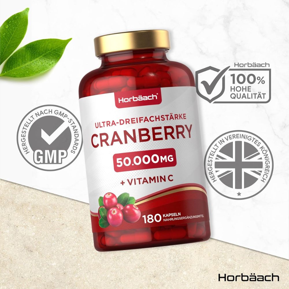 Horbaach | Cranberry Hochdosiert 50000mg mit 200mg Vitamin C - 180 Kapseln