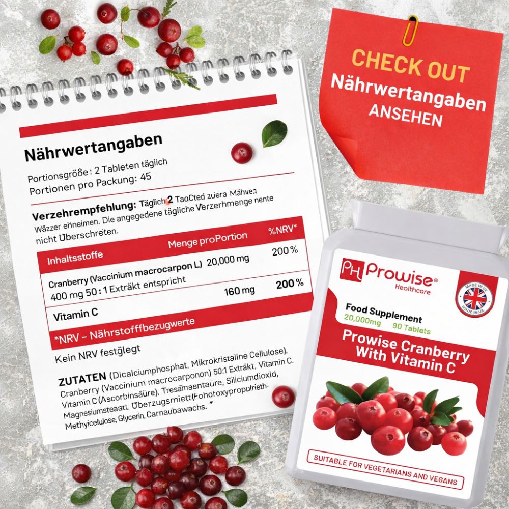 Prowise Healthcare Doppelte Stärke Cranberry 20.000 mg mit Vitamin C - 90 Tabletten