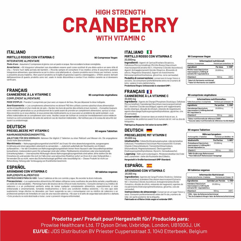 Prowise Healthcare Doppelte Stärke Cranberry 20.000 mg mit Vitamin C - 90 Tabletten