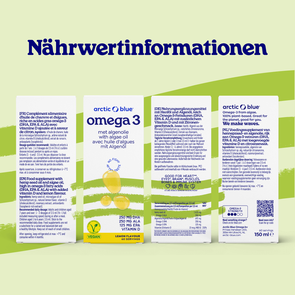 Arctic Blue | Omega 3 Algenöl DHA + EPA und Hanfsamenöl ALA mit Vitamin D3