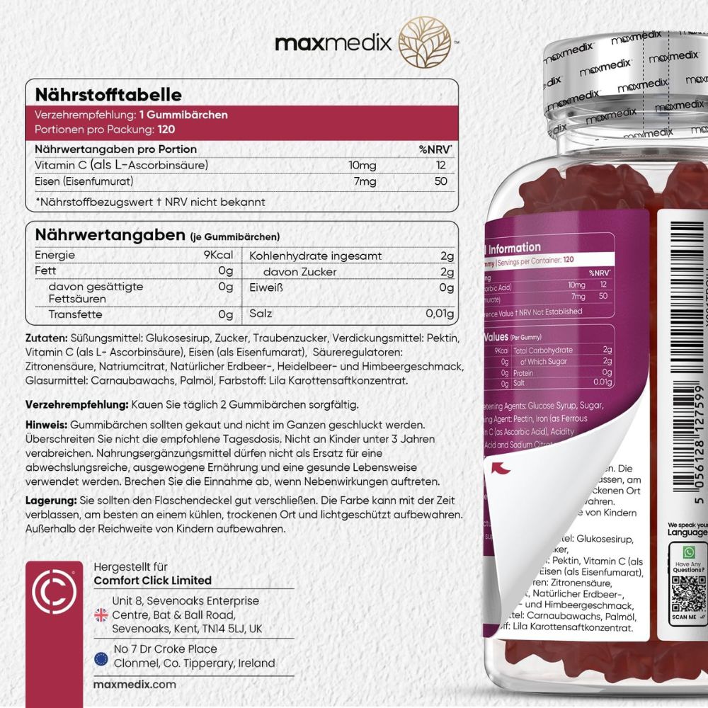 maxmedix | Eisen & Vitamin C Gummibärchen für Kinder - 120 Stück