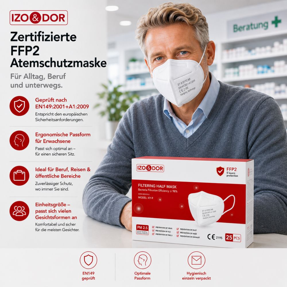 IZO&DOR | FFP2 NR Atemschutzmaske - CE-zertifiziert - EN149 - 5-lagig - Mixpackung – 8 Stück (1 pro Farbe)