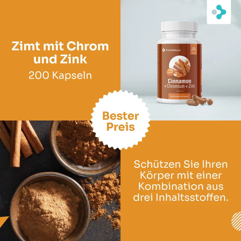 FutuNatura | Zimt mit Chrom und Zink für den Blutzuckerspiegel - 200 Kapseln
