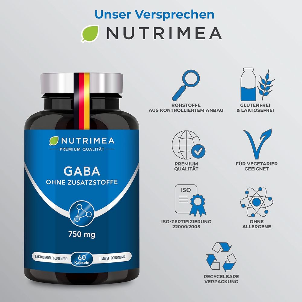 Nutrimea | GABA Pur Pur 750mg - Hochdosiert & Ohne Zusätze - 60 Kapseln