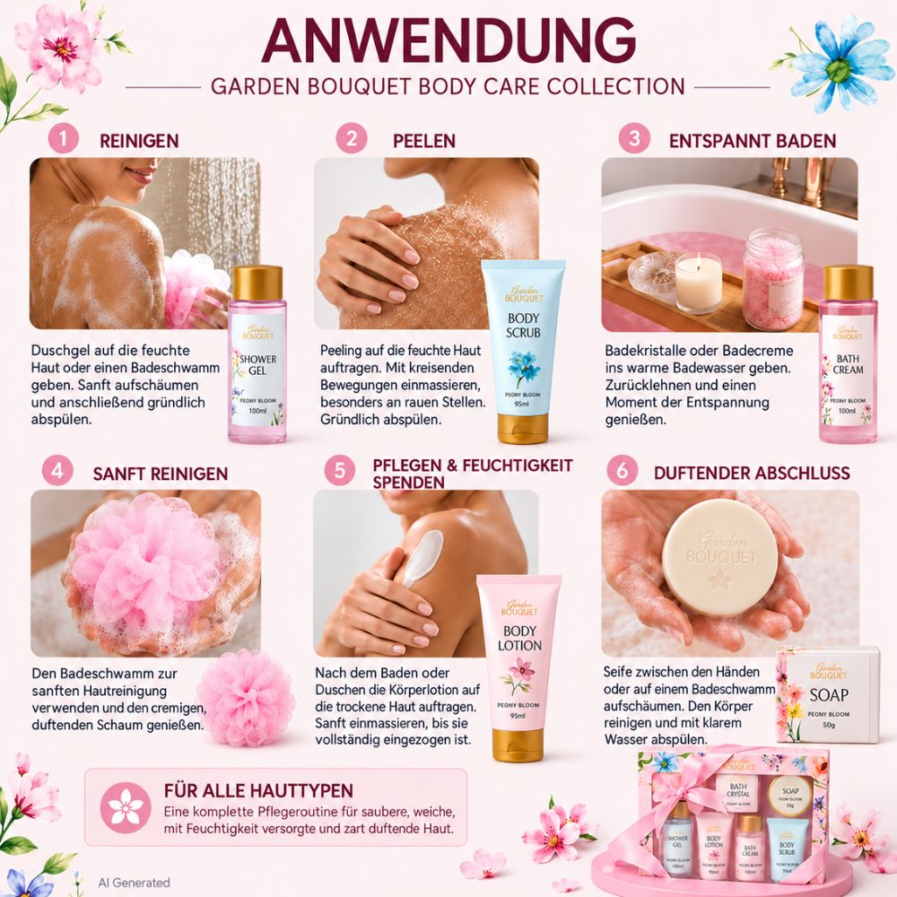 Garden Bouquet Peony Bloom – 7-teiliges Bade- & Körperpflege-Geschenkset mit Pfingstrosenduft