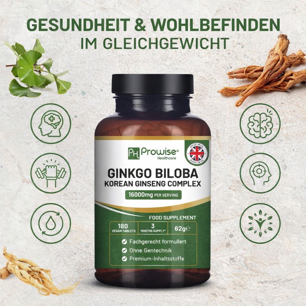 Prowise Healthcare | Ginkgo Biloba und Koreanische Ginseng 16.000 mg - 180 vegane Tabletten