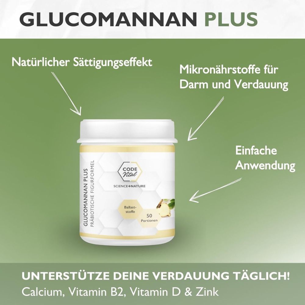 Code Vital | Glucomannan Plus - Präbiotische Figurformel + Sättigungseffekt - 250g