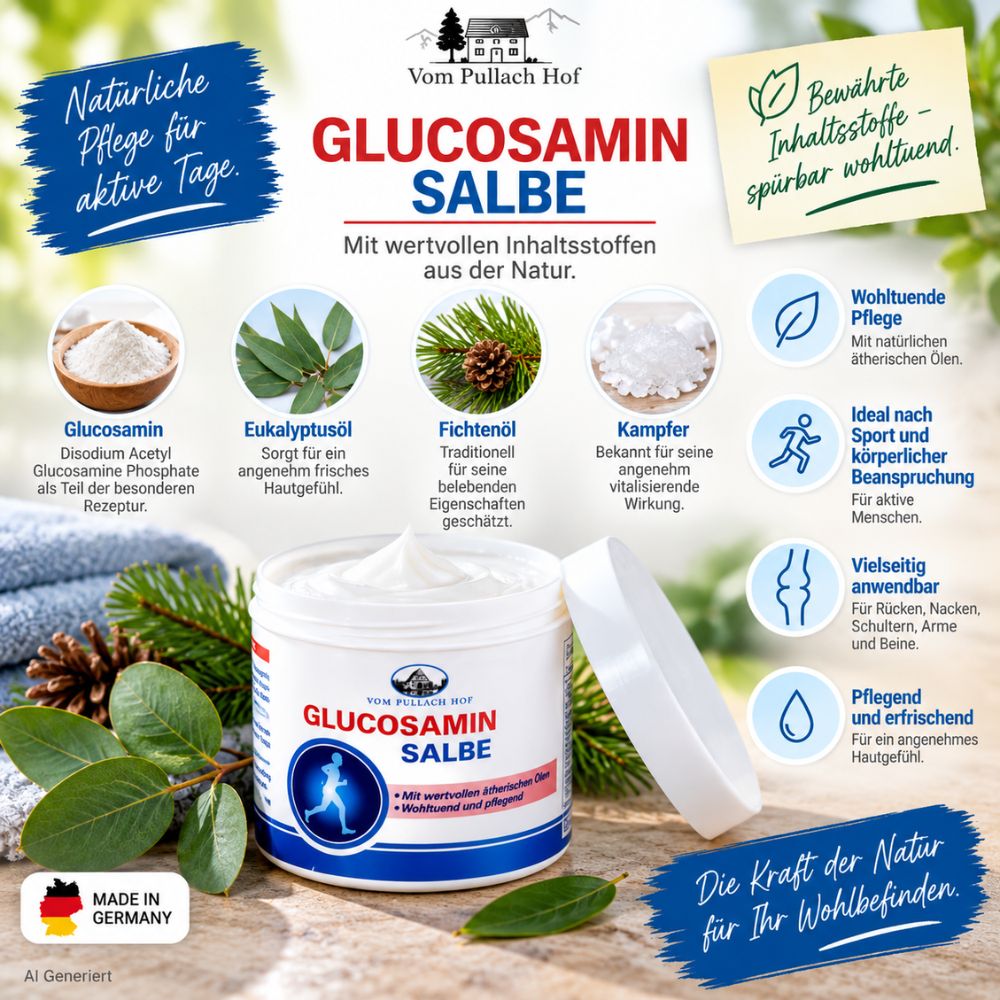 Vom Pullach Hof | Glucosamin Salbe mit Eukalyptusöl, Fichtenöl & Kampfer - 250 ml