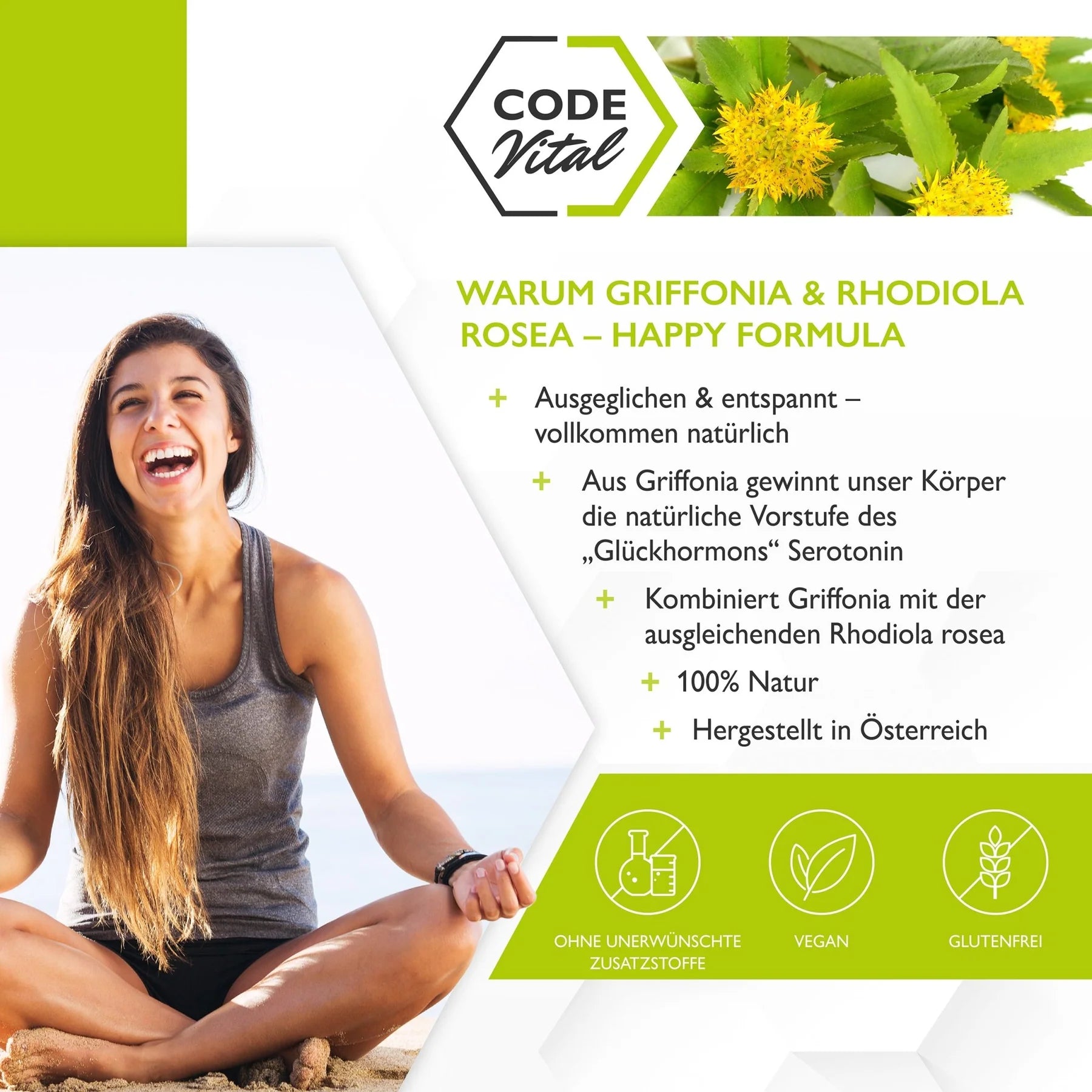 Code Vital Griffonia & Rhodiola Rosea - Happy Formula - 100 % natürliche Glücks-Formel